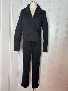 SARAH PACINI Black Techno Linen Moto Jacket & Pants Set – Size S/M